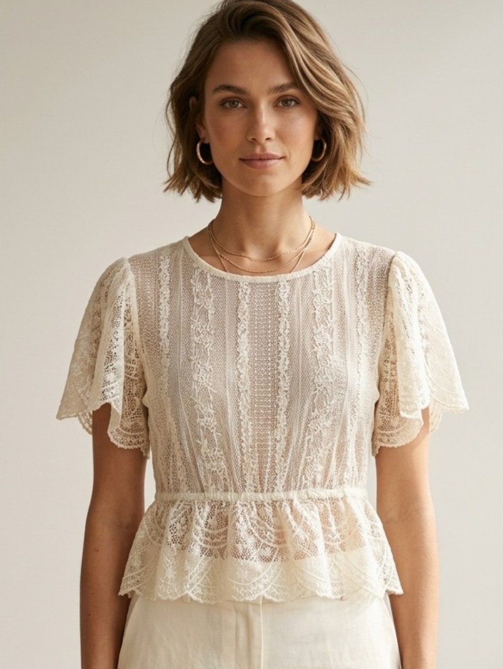 Zara Cream Lace Sheer Peplum Blouse With Flutter Sleeves - Size S